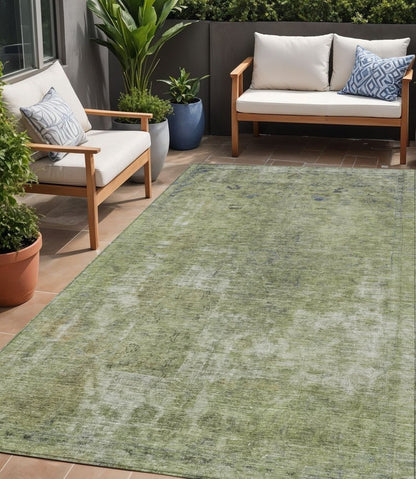 3' X 5' Artichoke Green And Beige Abstract Washable Indoor Outdoor Area Rug