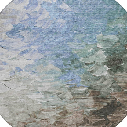 3' X 5' Denim Blue Taupe And Ivory Abstract Washable Indoor Outdoor Area Rug