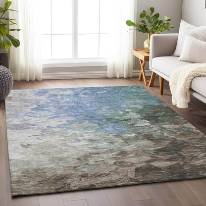 3' X 5' Denim Blue Taupe And Ivory Abstract Washable Indoor Outdoor Area Rug
