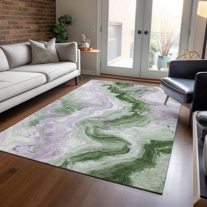 3' X 5' Olive Green And Lavender Abstract Washable Indoor Outdoor Area Rug