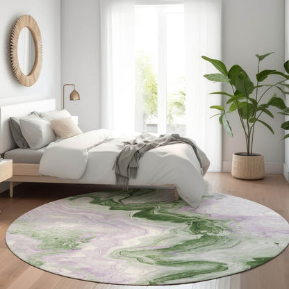 3' X 5' Olive Green And Lavender Abstract Washable Indoor Outdoor Area Rug