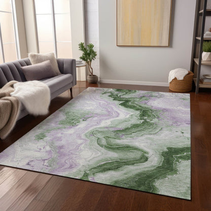 3' X 5' Olive Green And Lavender Abstract Washable Indoor Outdoor Area Rug