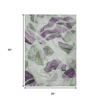 3' X 5' Artichoke Green And Purple Abstract Washable Indoor Outdoor Area Rug