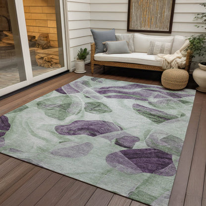 3' X 5' Artichoke Green And Purple Abstract Washable Indoor Outdoor Area Rug