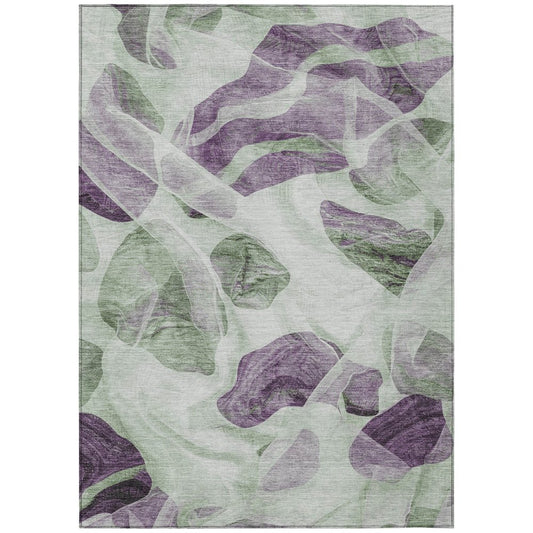 3' X 5' Artichoke Green And Purple Abstract Washable Indoor Outdoor Area Rug