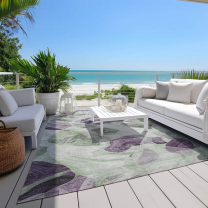 3' X 5' Artichoke Green And Purple Abstract Washable Indoor Outdoor Area Rug