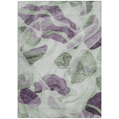 3' X 5' Artichoke Green And Purple Abstract Washable Indoor Outdoor Area Rug