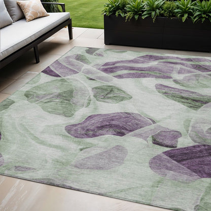 3' X 5' Artichoke Green And Purple Abstract Washable Indoor Outdoor Area Rug