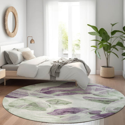 3' X 5' Artichoke Green And Purple Abstract Washable Indoor Outdoor Area Rug