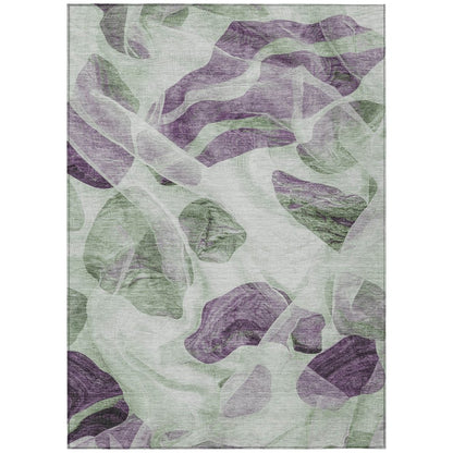 3' X 5' Artichoke Green And Purple Abstract Washable Indoor Outdoor Area Rug