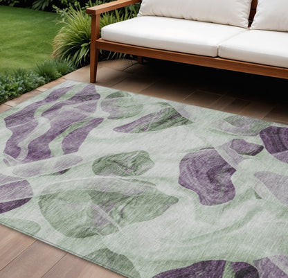 3' X 5' Artichoke Green And Purple Abstract Washable Indoor Outdoor Area Rug