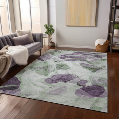 3' X 5' Artichoke Green And Purple Abstract Washable Indoor Outdoor Area Rug