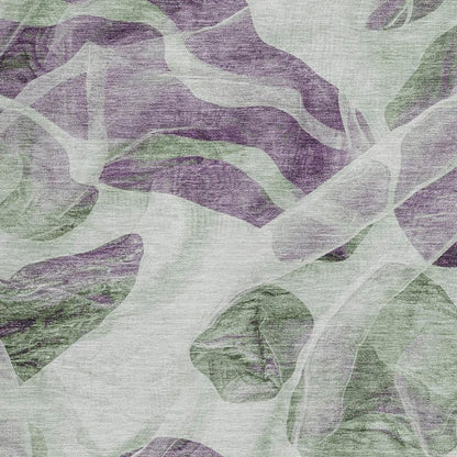 3' X 5' Artichoke Green And Purple Abstract Washable Indoor Outdoor Area Rug