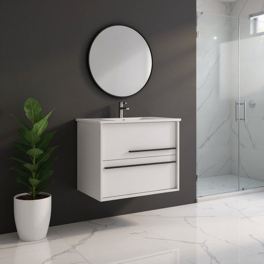24" Off White Wood Floating Bathroom Vanity With White Sink And Two Drawers
