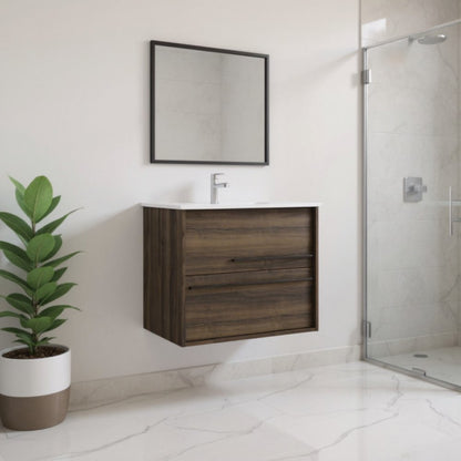 24" Dark Brown Wood Floating Bathroom Vanity With White Sink And Two Drawers