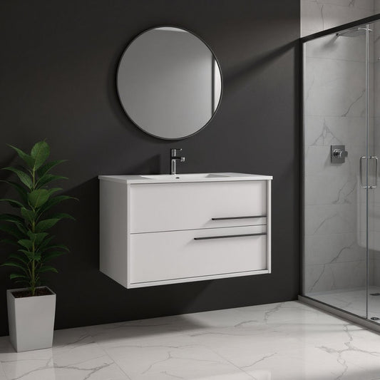 32" Off White Wood Floating Bathroom Vanity With White Sink And Two Drawers