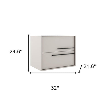 32" Tan Wood Floating Bathroom Vanity With White Sink And Two Drawers