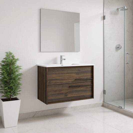 32" Dark Brown Wood Floating Bathroom Vanity With White Sink And Two Drawers