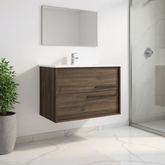 32" Dark Brown Wood Floating Bathroom Vanity With White Sink And Two Drawers