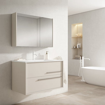 40" Tan Wood Floating Bathroom Vanity With White Sink And Two Drawers