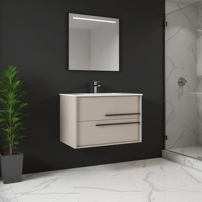 40" Tan Wood Floating Bathroom Vanity With White Sink And Two Drawers