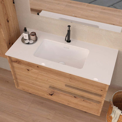 40" Natural Wood Floating Bathroom Vanity With White Sink And Two Drawers
