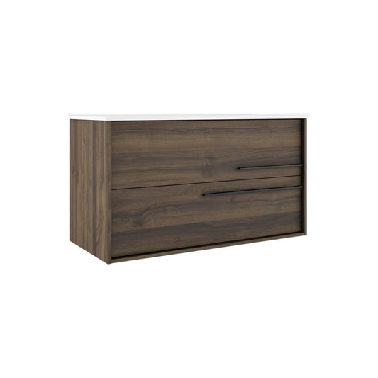 40" Dark Brown Wood Floating Bathroom Vanity With White Sink And Two Drawers