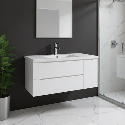 48" White Wood Floating Bathroom Vanity With White Sink And Two Drawers