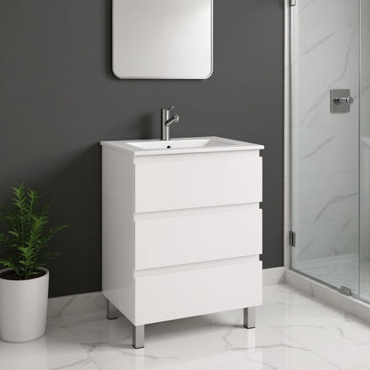 24" White Wood Freestanding Bathroom Vanity With White Sink And Three Drawers
