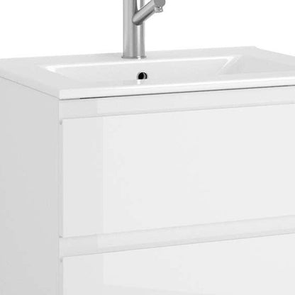 24" White Wood Freestanding Bathroom Vanity With White Sink And Three Drawers