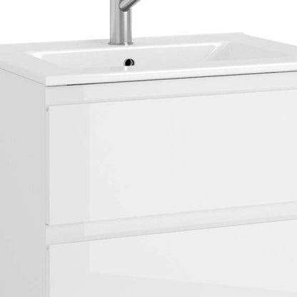 24" White Wood Freestanding Bathroom Vanity With White Sink And Three Drawers