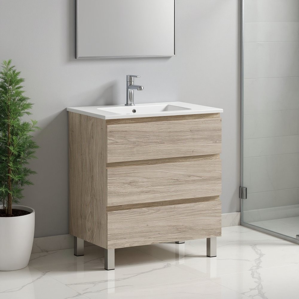24" Natural Wood Freestanding Bathroom Vanity With White Sink And Three Drawers