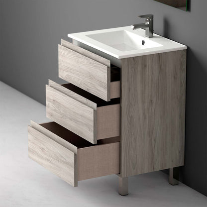 24" Natural Wood Freestanding Bathroom Vanity With White Sink And Three Drawers