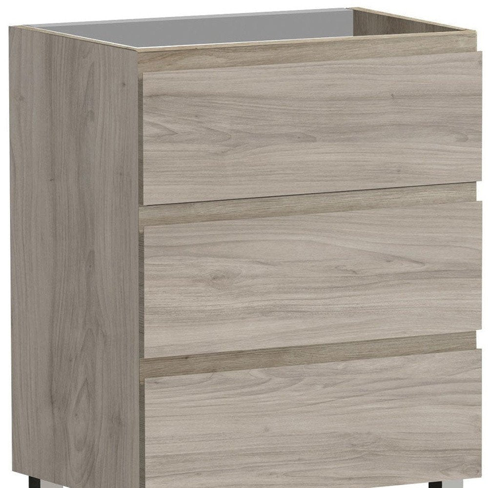 24" Natural Wood Freestanding Bathroom Vanity With White Sink And Three Drawers