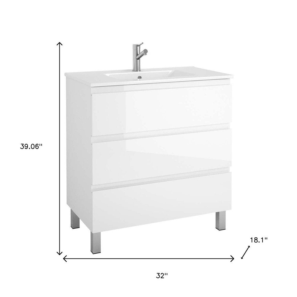 32" White Wood Freestanding Bathroom Vanity With White Sink And Three Drawers