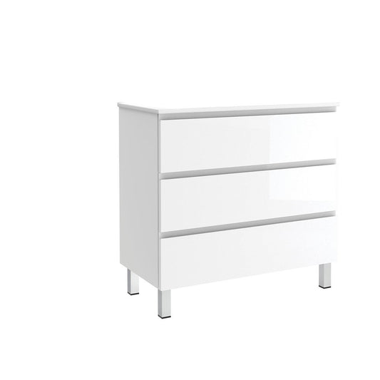 36" White Wood Freestanding Bathroom Vanity With White Sink And Three Drawers