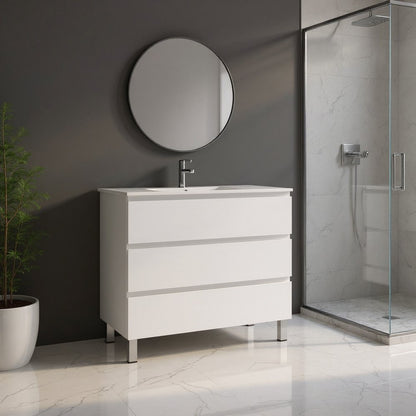 36" White Wood Freestanding Bathroom Vanity With White Sink And Three Drawers