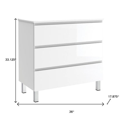 36" White Wood Freestanding Bathroom Vanity With White Sink And Three Drawers