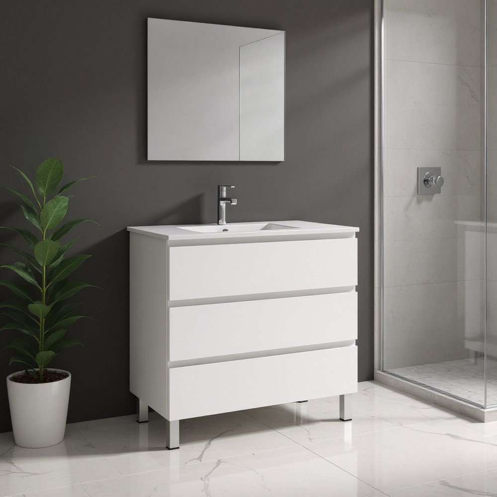 36" White Wood Freestanding Bathroom Vanity With White Sink And Three Drawers