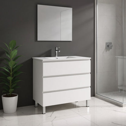 36" White Wood Freestanding Bathroom Vanity With White Sink And Three Drawers