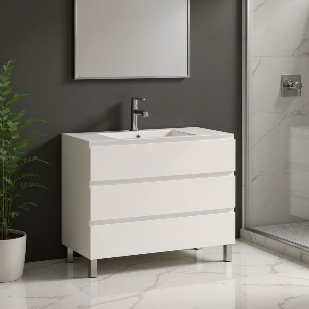 40" White Wood Freestanding Bathroom Vanity With White Sink And Three Drawers