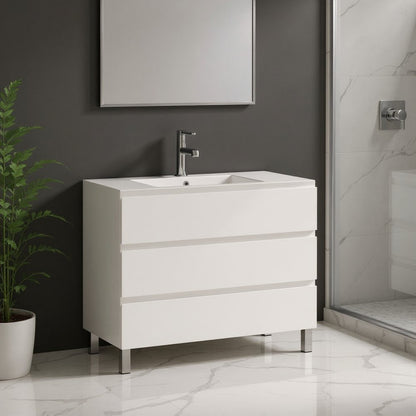 40" White Wood Freestanding Bathroom Vanity With White Sink And Three Drawers