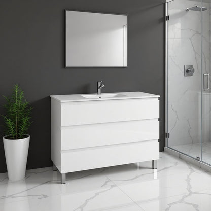 48" White Wood Freestanding Bathroom Vanity With White Sink And Three Drawers
