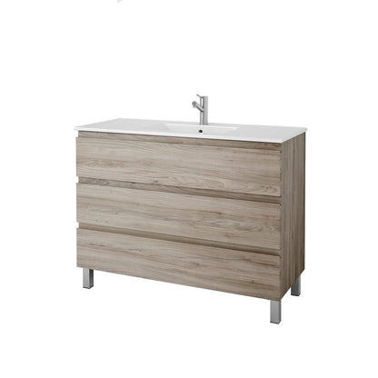 48" Natural Wood Freestanding Bathroom Vanity With White Sink And Three Drawers