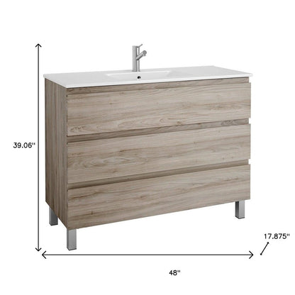 48" Natural Wood Freestanding Bathroom Vanity With White Sink And Three Drawers