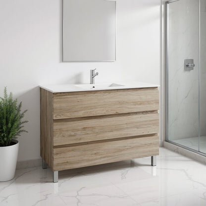 48" Natural Wood Freestanding Bathroom Vanity With White Sink And Three Drawers