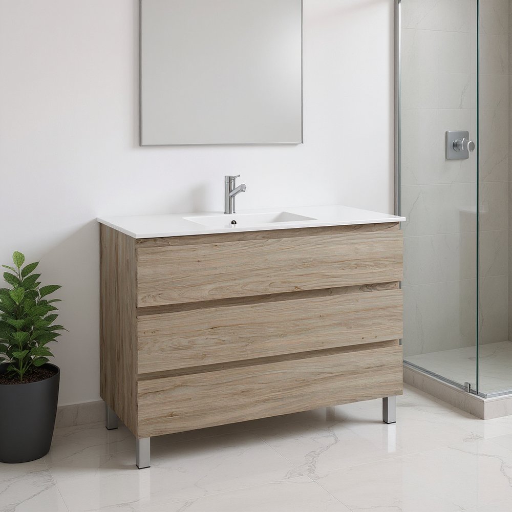 48" Natural Wood Freestanding Bathroom Vanity With White Sink And Three Drawers