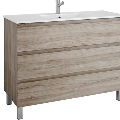 48" Natural Wood Freestanding Bathroom Vanity With White Sink And Three Drawers