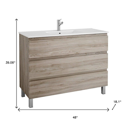 48" Natural Wood Freestanding Bathroom Vanity With White Sink And Three Drawers