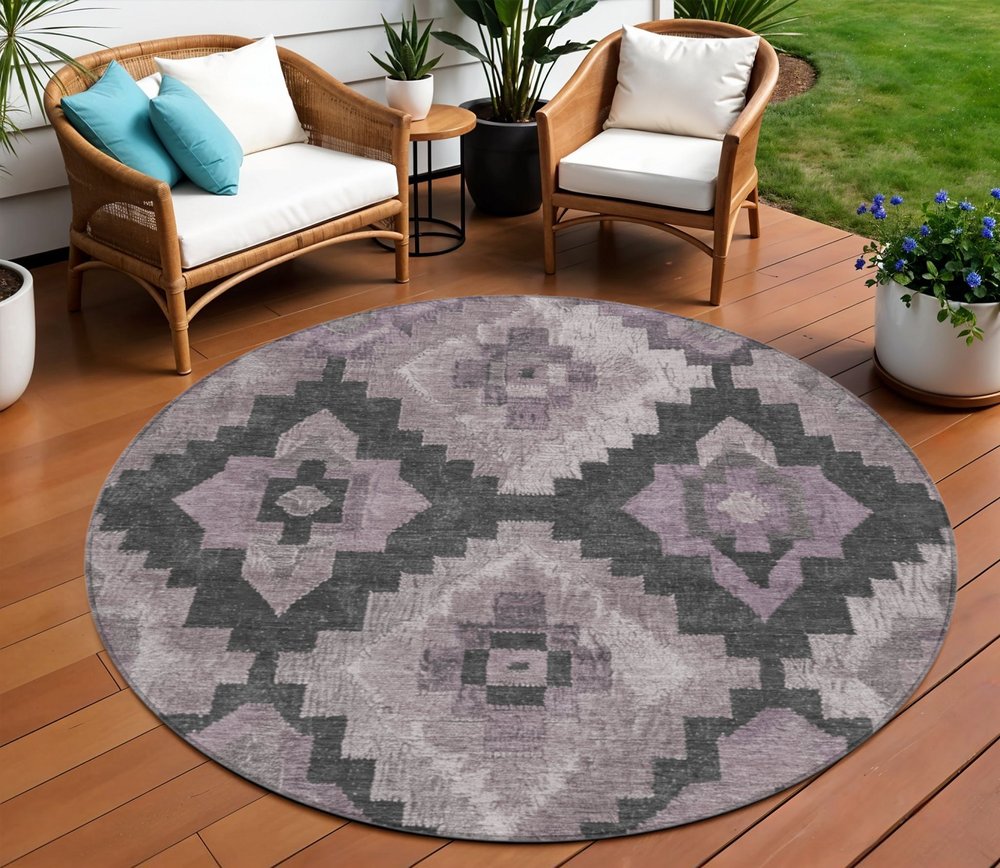 3' X 5' Lavender And Charcoal Aztec Washable Indoor Outdoor Area Rug